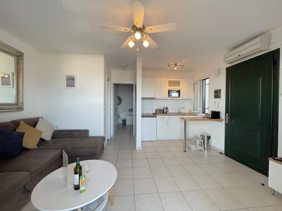 Kitchen or kitchenette, Living room, Seating area, fireplace, minibar