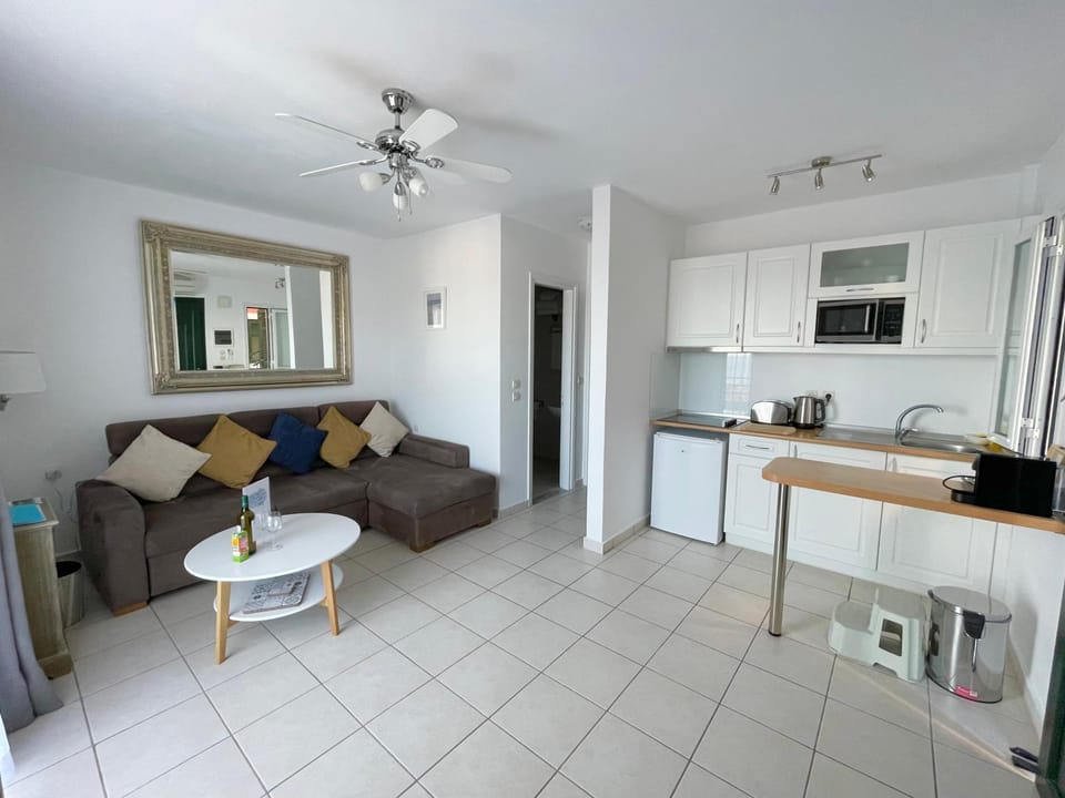 Kitchen or kitchenette, Living room, Seating area, fireplace, minibar, toaster