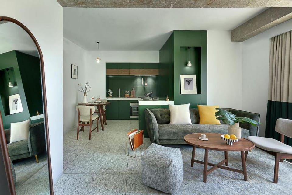 Kitchen or kitchenette, Living room, Seating area, Dining area