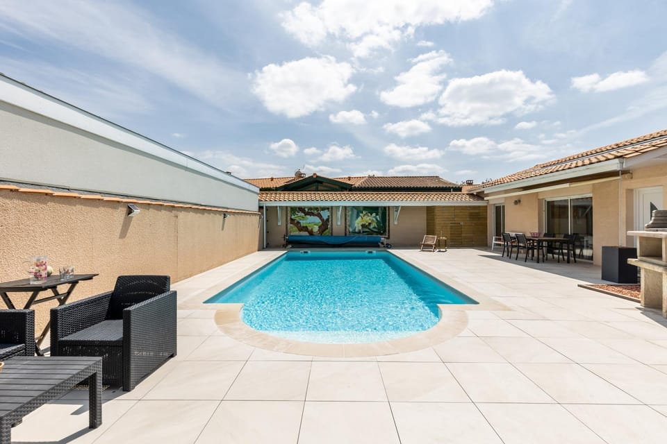 Property building, Living room, Swimming pool