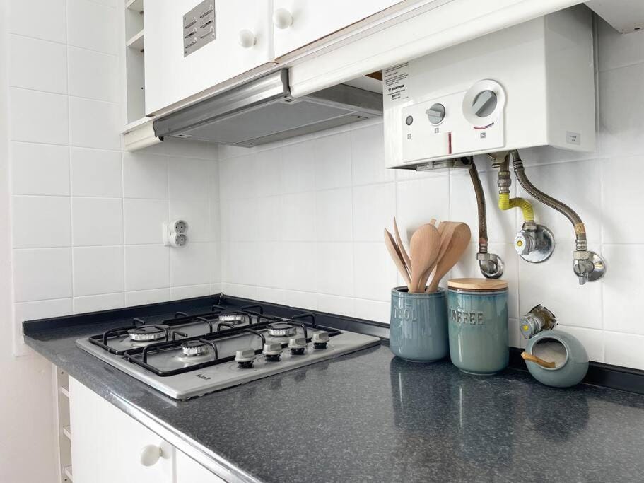 Kitchen or kitchenette, stove