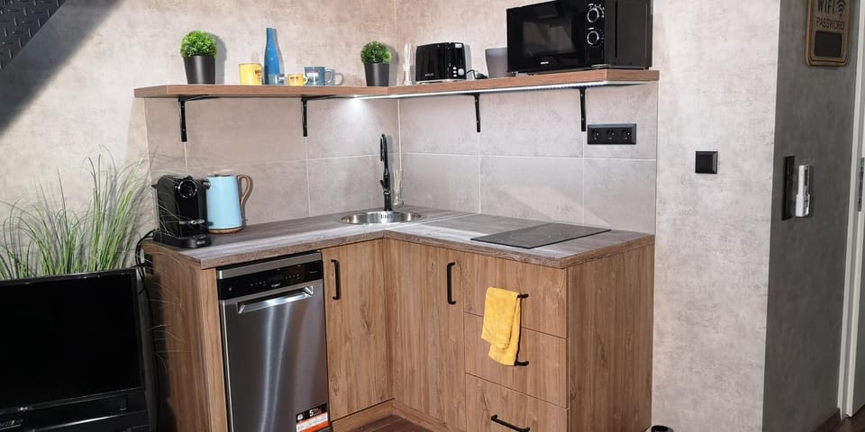 Kitchen or kitchenette, dishwasher, microwave, minibar, stove
