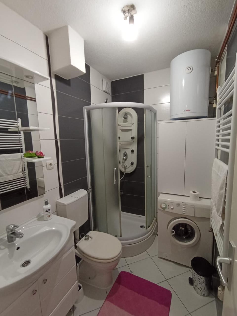 Shower, Toilet, Bathroom, towels, washing machine