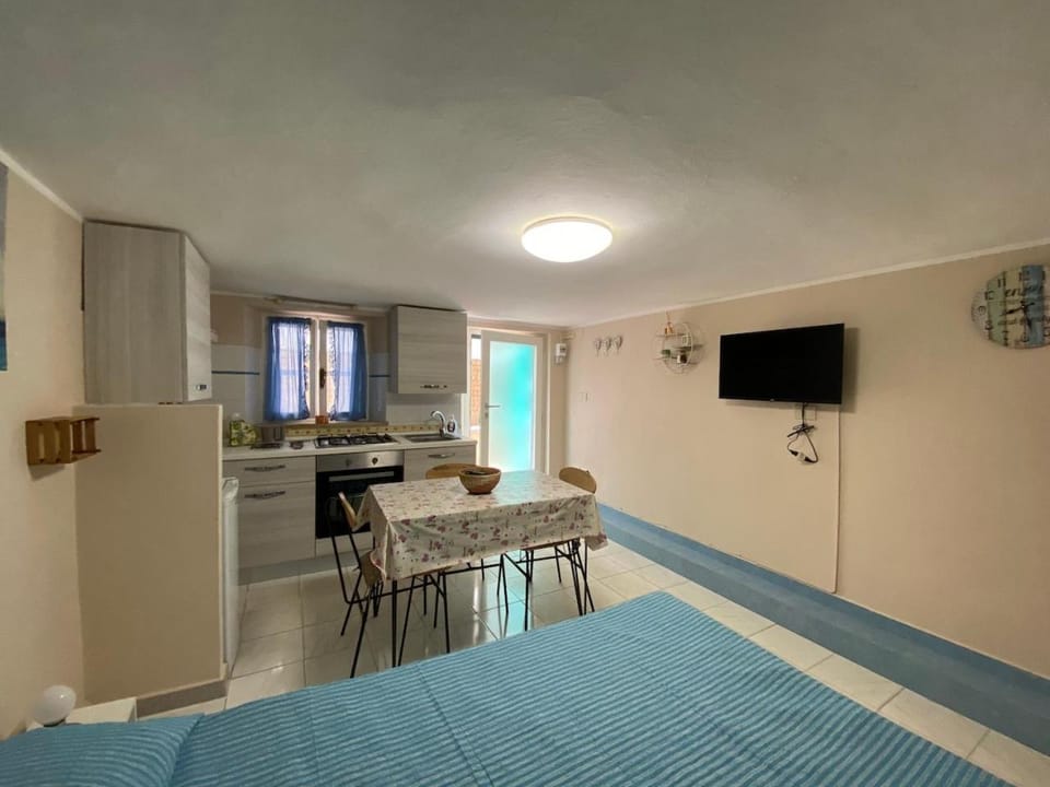 Bed, TV and multimedia, Kitchen or kitchenette, Living room, Photo of the whole room, hair dresser