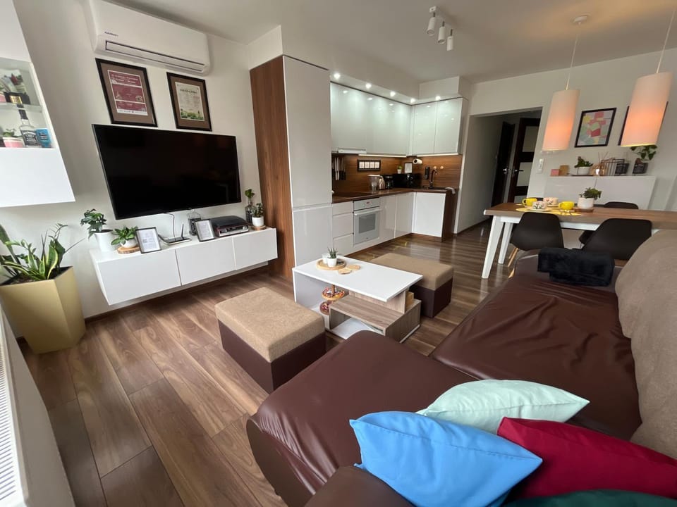 TV and multimedia, Kitchen or kitchenette, Living room, Photo of the whole room, Seating area, Dining area, air conditioner