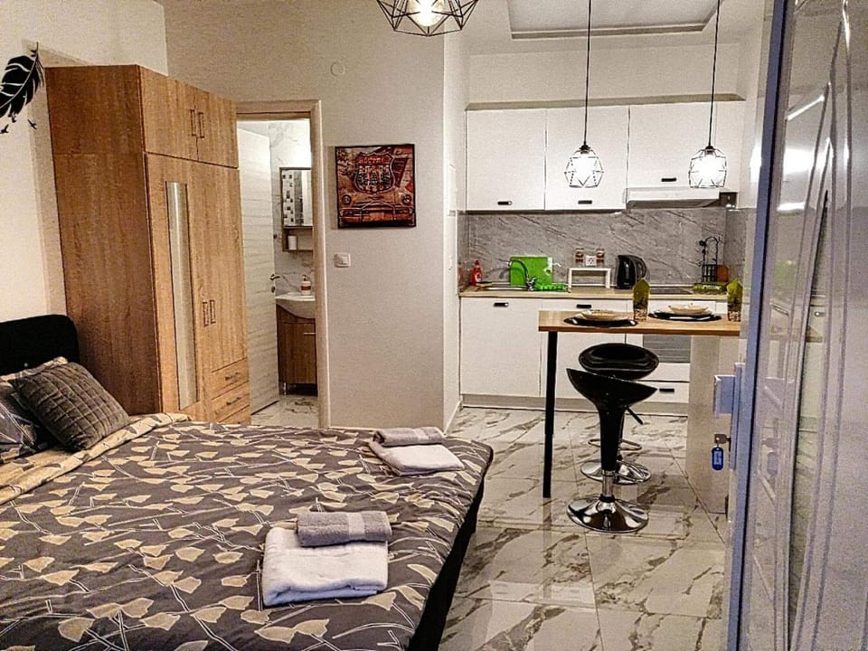 Bed, Kitchen or kitchenette, Photo of the whole room, Bedroom, minibar, oven, pet friendly, stove, towels, wardrobe