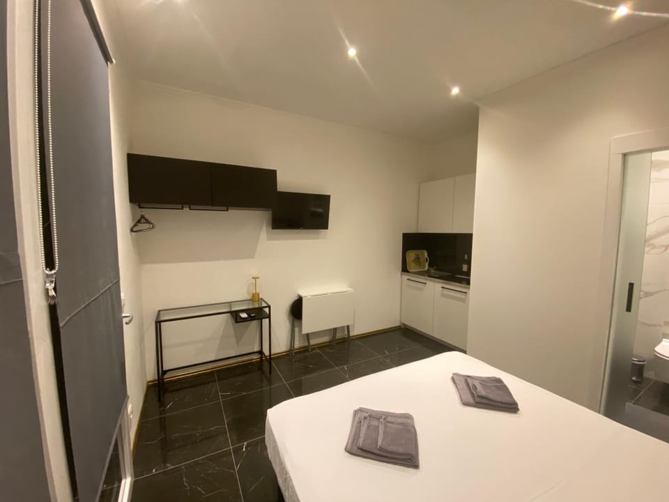 Bed, TV and multimedia, Kitchen or kitchenette, Photo of the whole room, Bedroom, towels