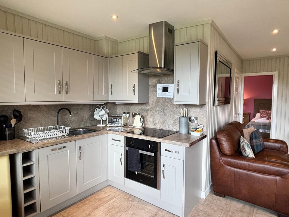 Kitchen or kitchenette, Living room, Seating area, dishwasher, oven, stove, toaster