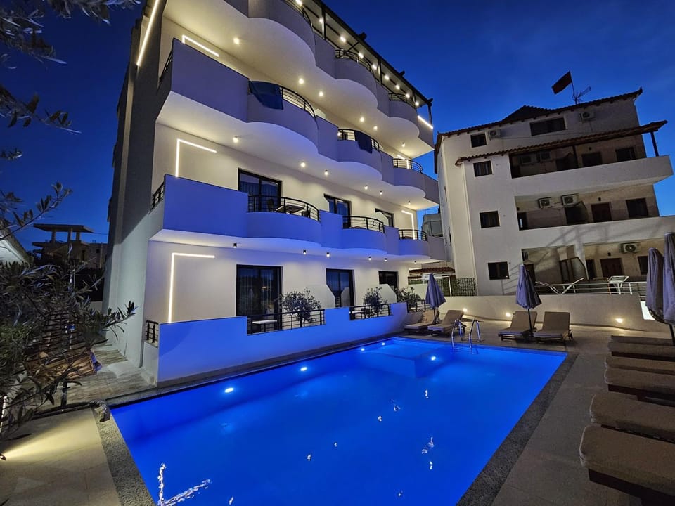 Property building, Night, Pool view, Swimming pool