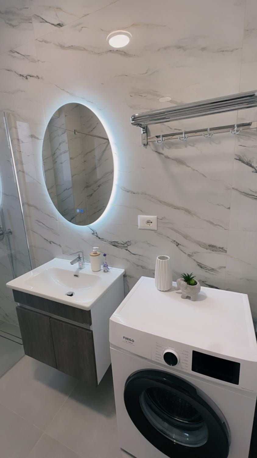 Shower, Bathroom, towels, washing machine, dryer