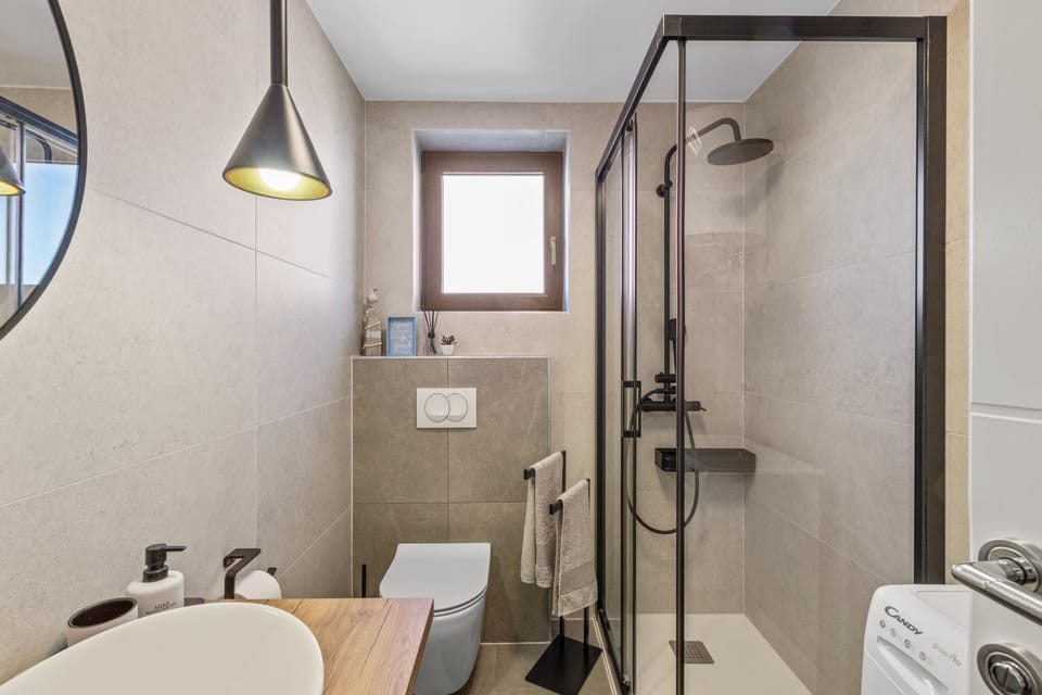 Shower, Toilet, Bathroom, bidet, towels, washing machine