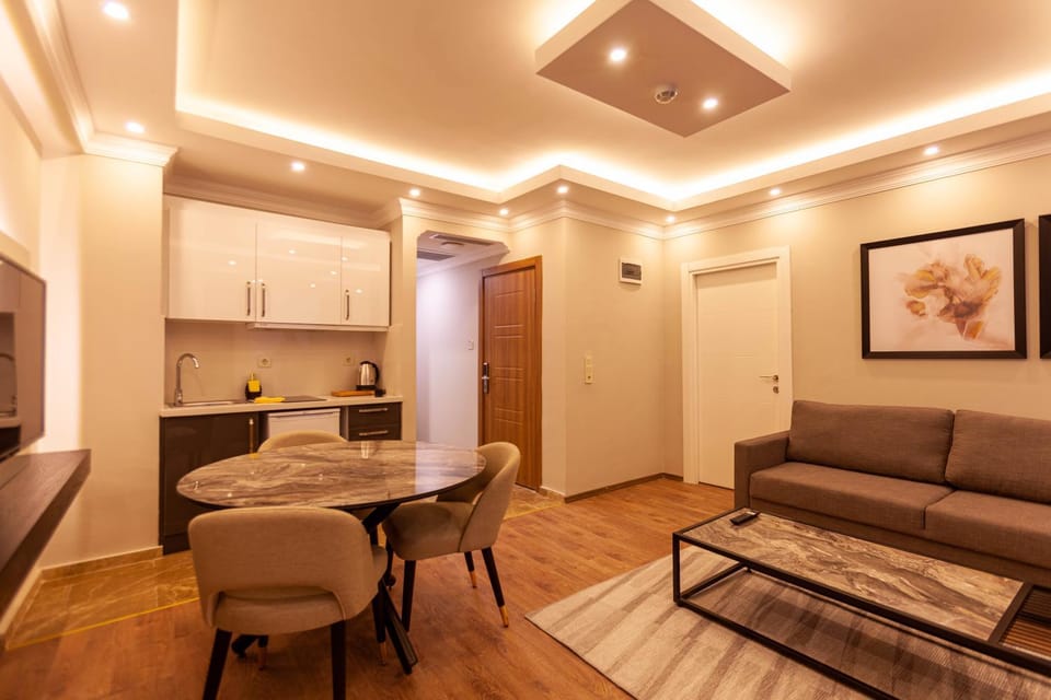 Kitchen or kitchenette, Living room, Seating area, Dining area, stove