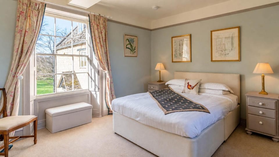 Bed, Decorative detail, Bedroom, Garden view