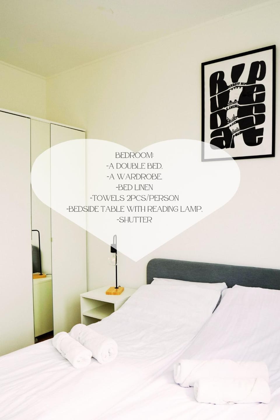 Bed, Photo of the whole room, Bedroom, Text overlay, wardrobe