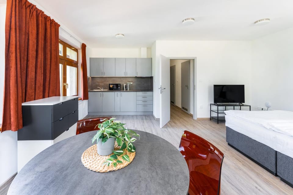 Bed, TV and multimedia, Kitchen or kitchenette, Living room, Photo of the whole room, Seating area, Bedroom, minibar