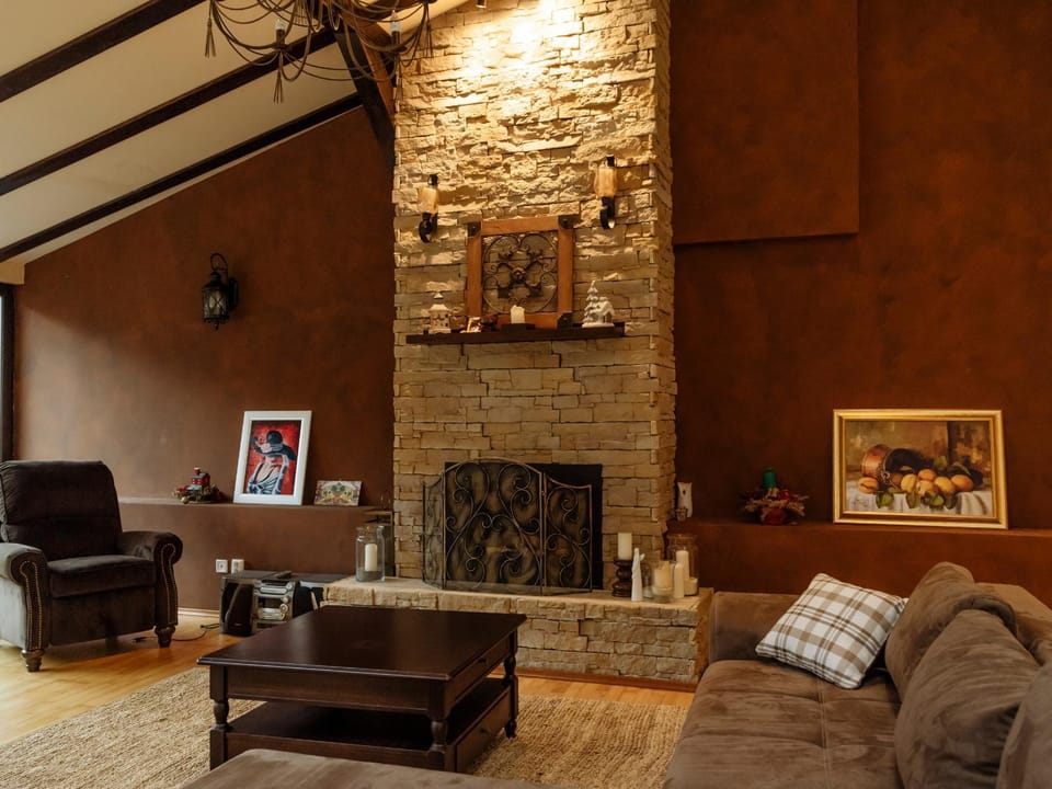 Living room, Seating area, Mountain view, fireplace, flat iron, heating