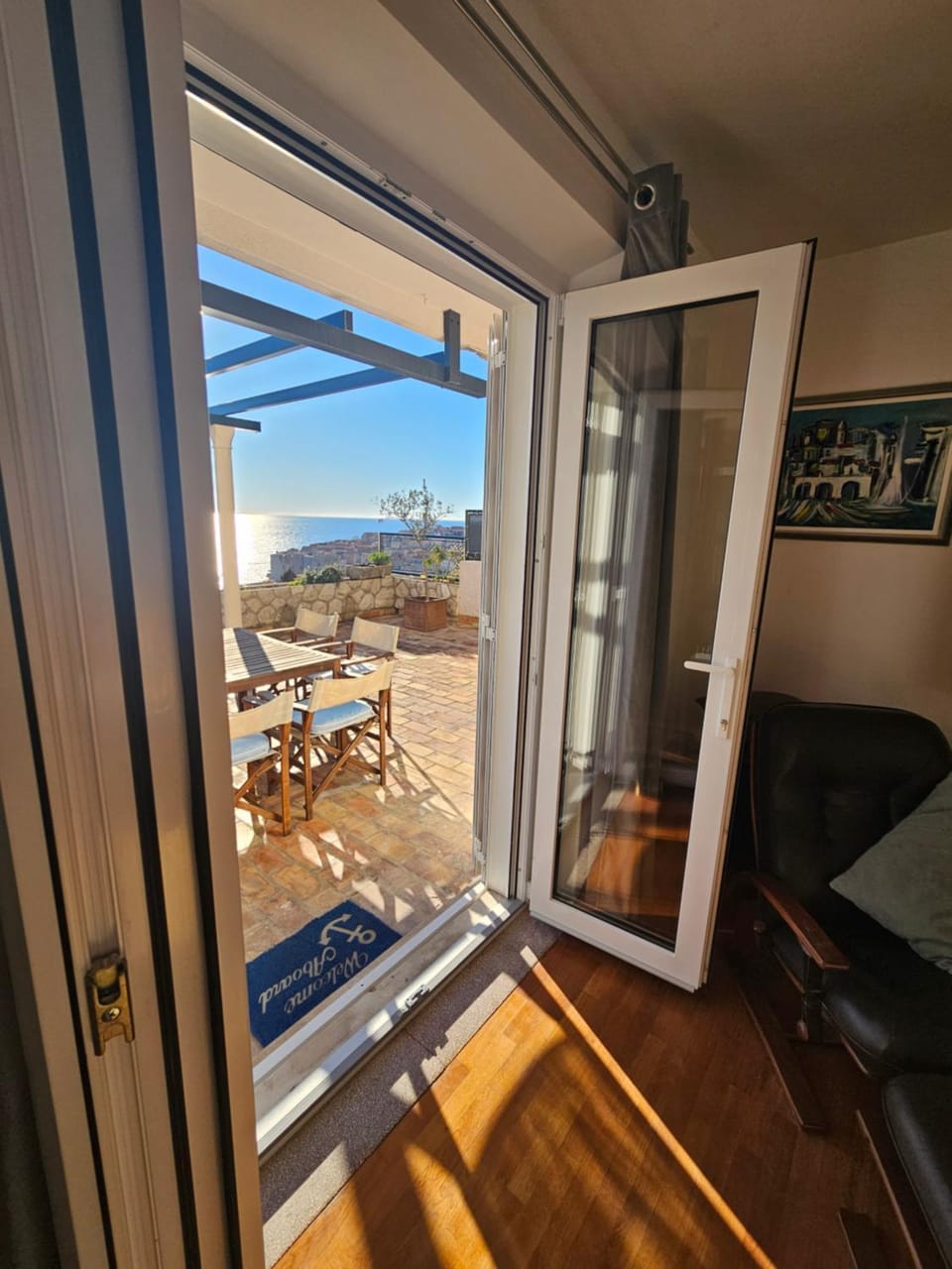 Patio, Day, Natural landscape, View (from property/room), Balcony/Terrace, Living room, Seating area, Dining area, Sea view