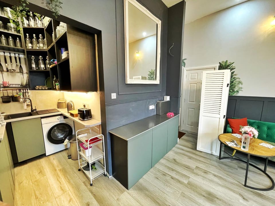 Kitchen or kitchenette, dishwasher, minibar, stove, washing machine, dryer