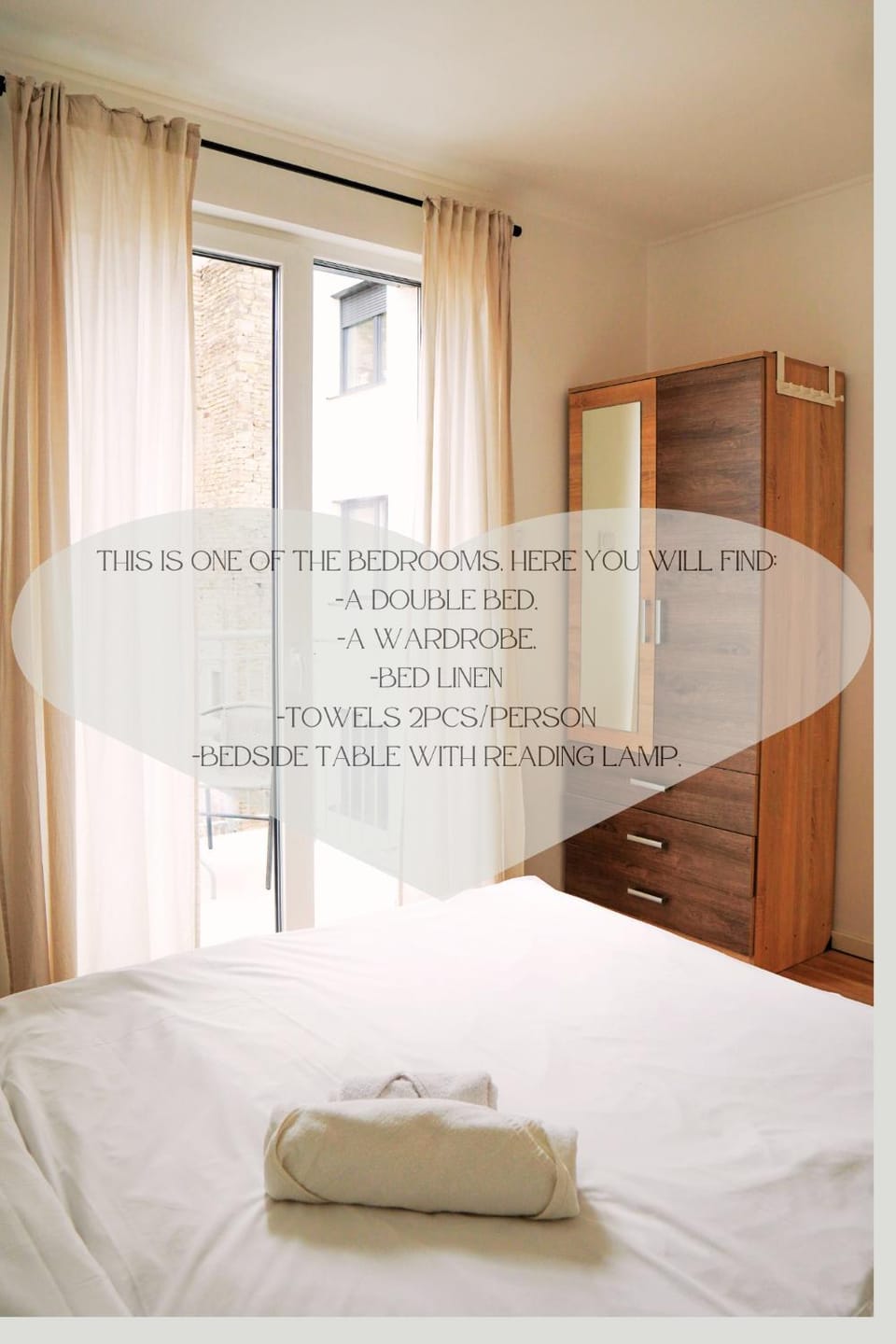 Bed, Photo of the whole room, towels, wardrobe