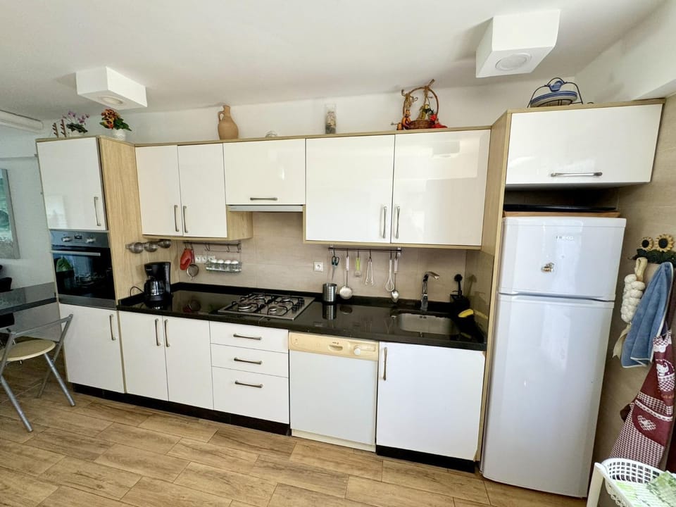 Kitchen or kitchenette, dishwasher, oven, stove
