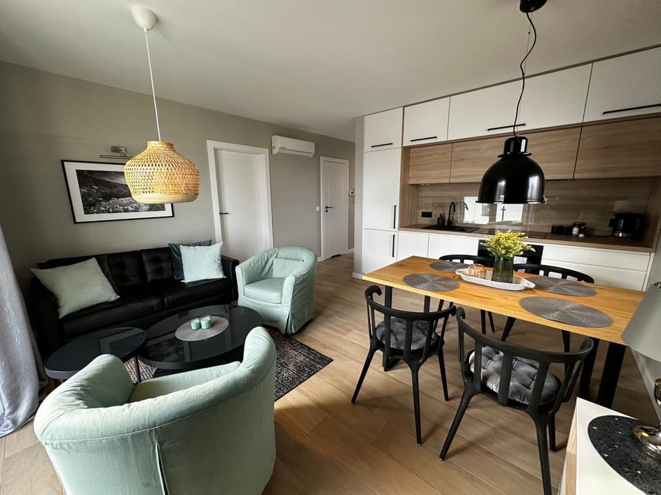 Kitchen or kitchenette, Living room, Seating area, Dining area