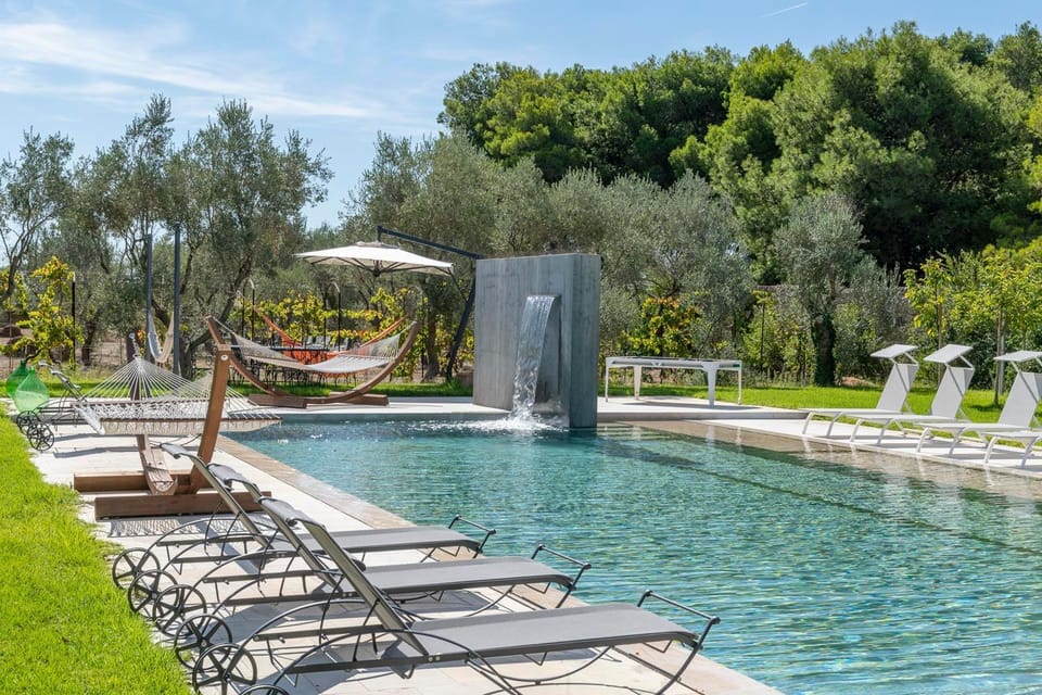 Natural landscape, Garden, Garden view, Pool view, Swimming pool, sunbed