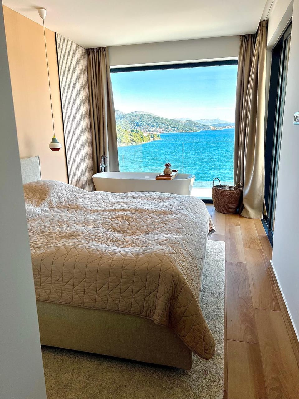 Bed, Natural landscape, Bedroom, Sea view