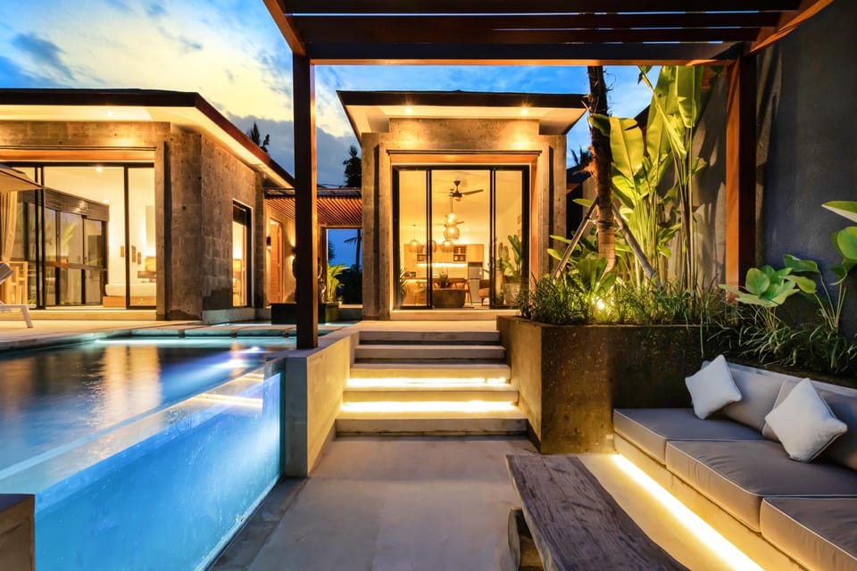 Property building, Night, Seating area, Pool view, Swimming pool, sunbed