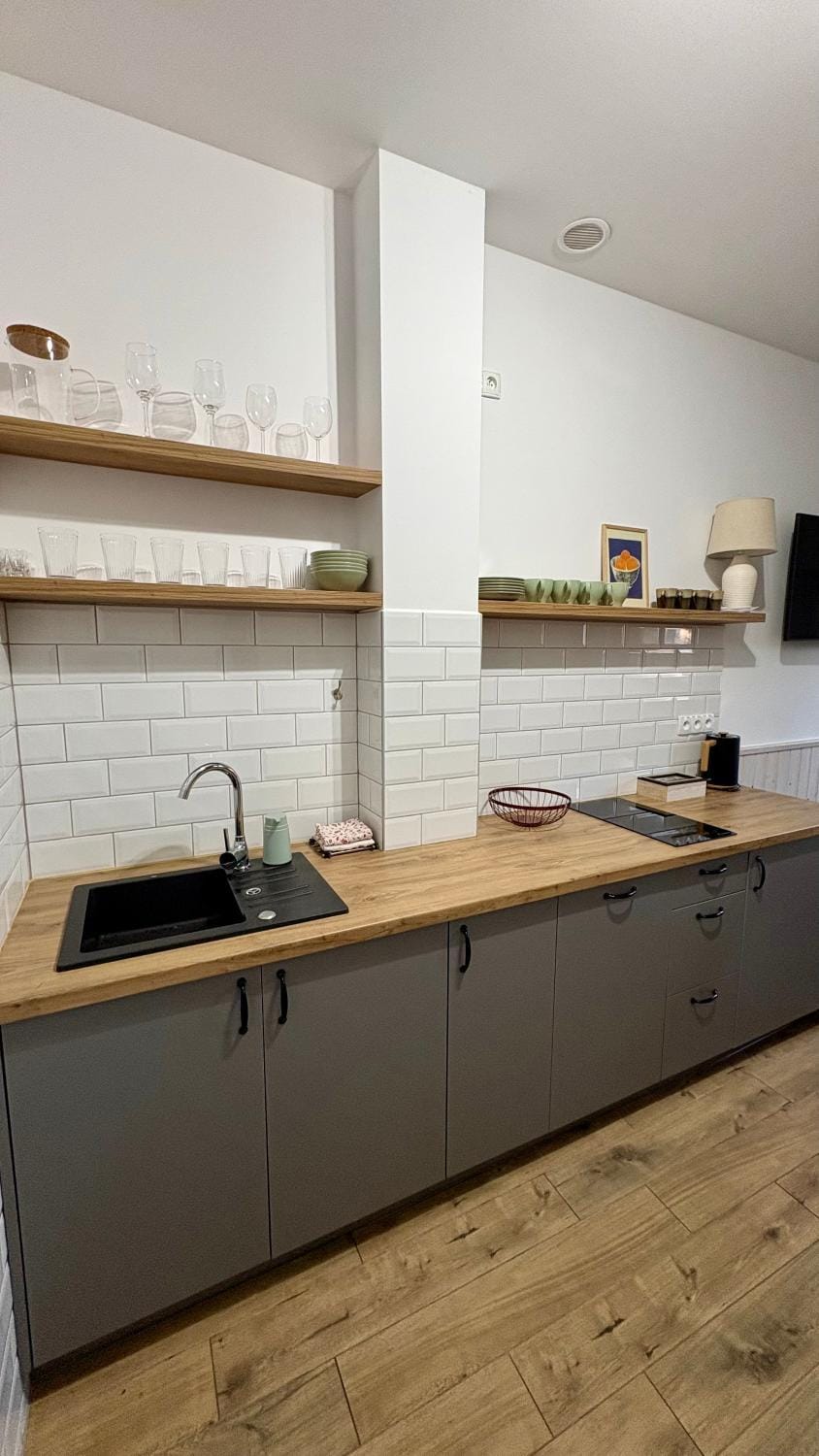 Kitchen or kitchenette, stove