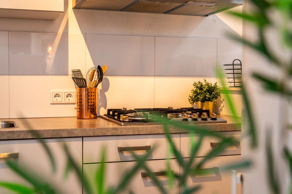 Kitchen or kitchenette, stove