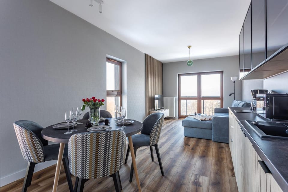 Kitchen or kitchenette, Living room, Seating area, Dining area