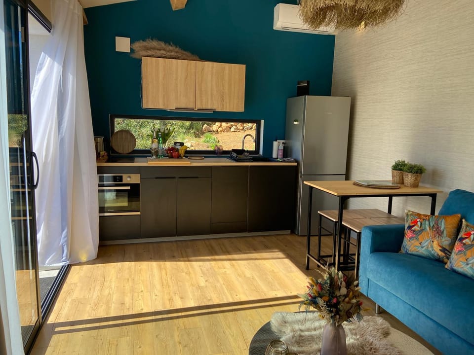 Kitchen or kitchenette, Living room, Seating area, Dining area