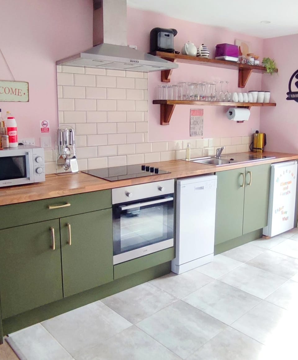 Kitchen or kitchenette, dishwasher, stove, toaster