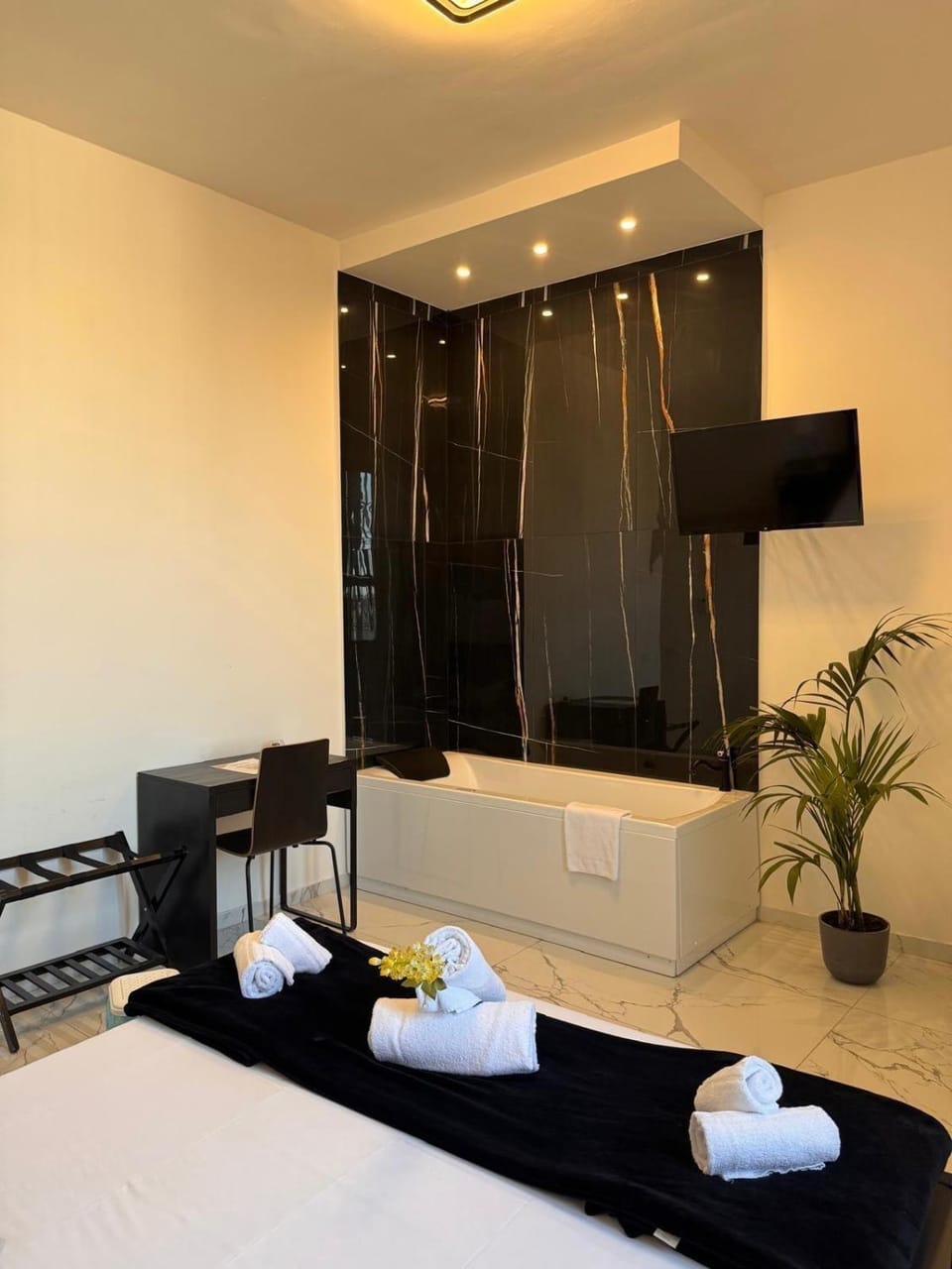 Bed, Hot Tub, TV and multimedia, Bedroom, towels