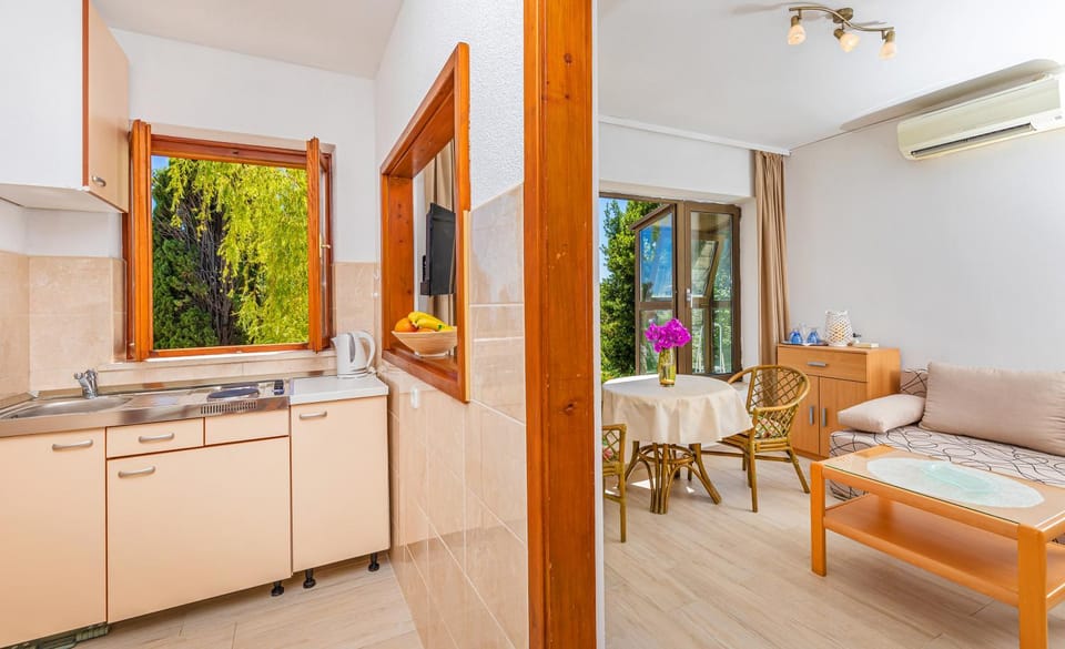 Kitchen or kitchenette, Living room, Seating area, Dining area