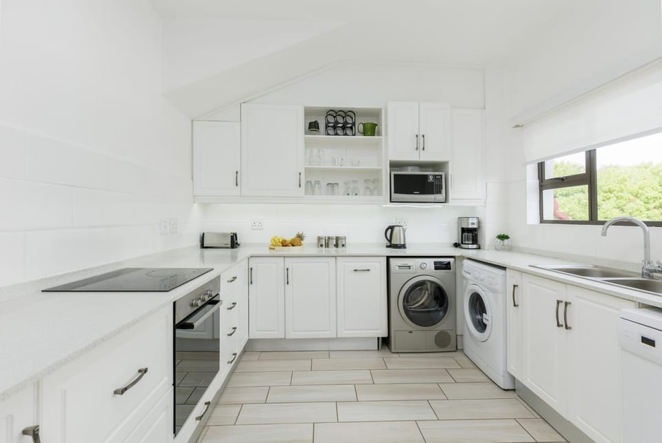 Kitchen or kitchenette, dishwasher, oven, stove, toaster, washing machine