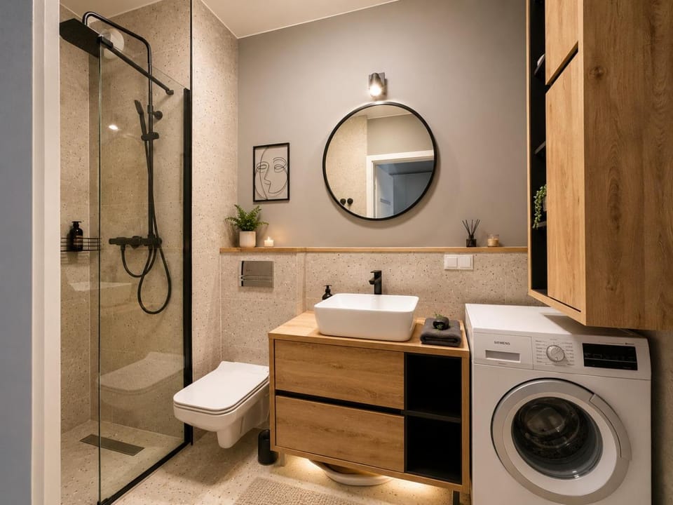 Shower, Bathroom, hair dryier, washing machine, dryer