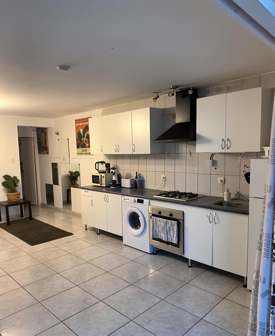 Kitchen or kitchenette, oven, stove, toaster, washing machine