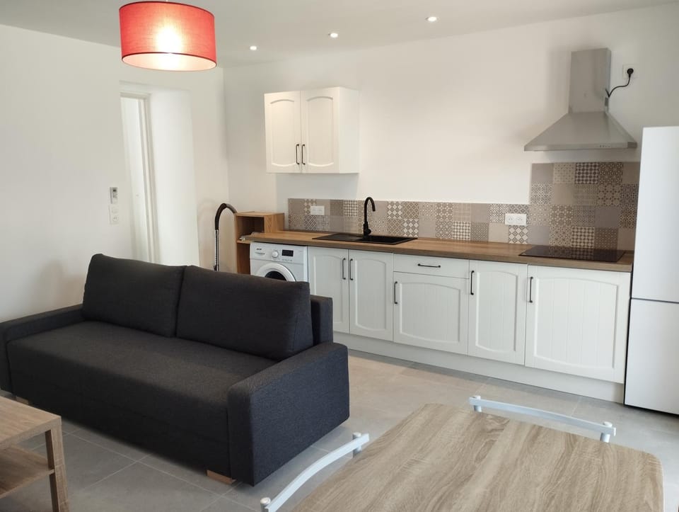 Kitchen or kitchenette, Living room, Seating area, stove