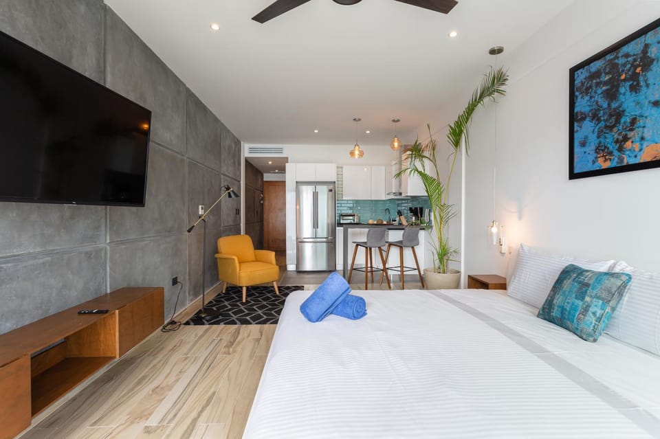 Bed, TV and multimedia, Photo of the whole room, Seating area, fireplace, kitchen