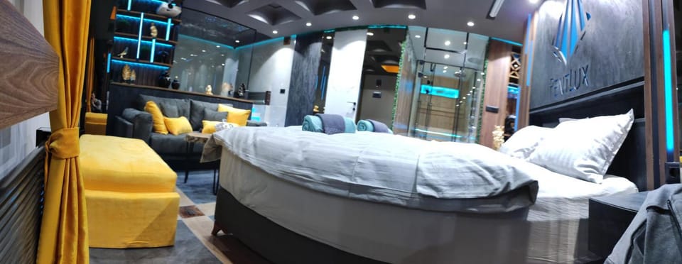 Bed, Hot Tub, Sauna, Living room, Photo of the whole room, Seating area, Bedroom