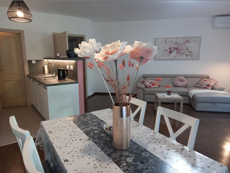 Kitchen or kitchenette, Living room, Seating area, Dining area