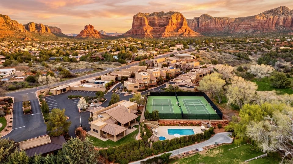 Bird's eye view, Tennis court, Mountain view, Swimming pool, Sunset