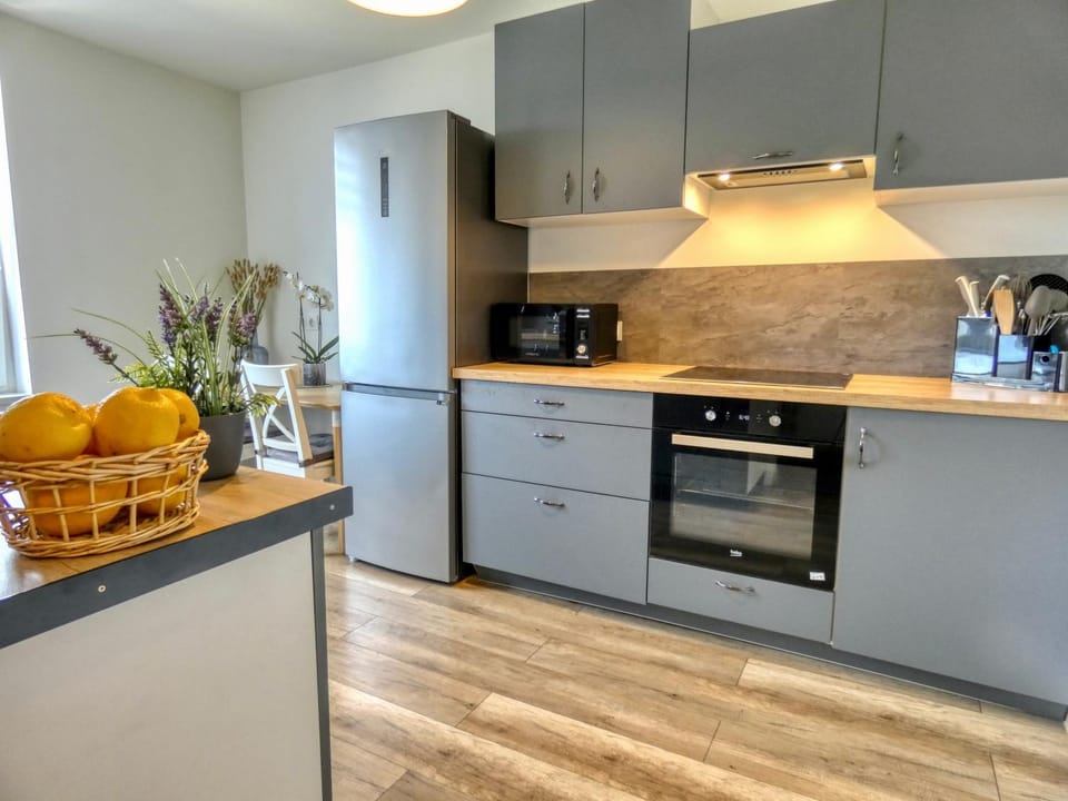 Kitchen or kitchenette, dishwasher, stove