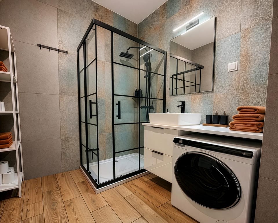 Shower, Toilet, Bathroom, towels, washing machine, dryer
