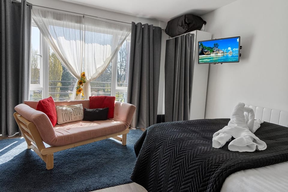 Bed, TV and multimedia, Decorative detail, Decorative detail, Seating area, Bedroom, City view, internet, internet