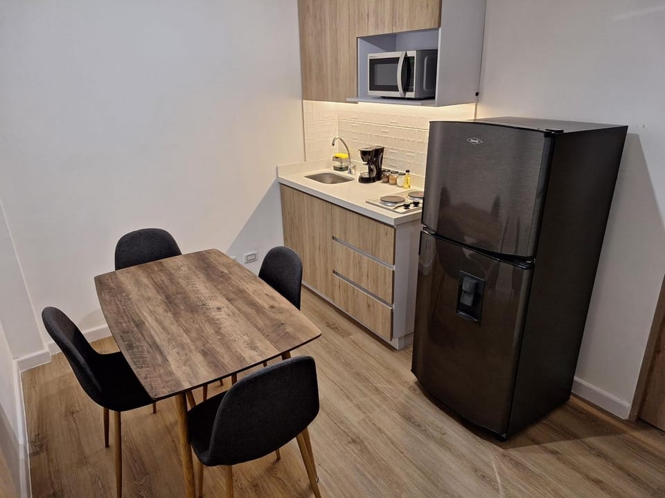 Coffee/tea facilities, Kitchen or kitchenette, Dining area, minibar, stove