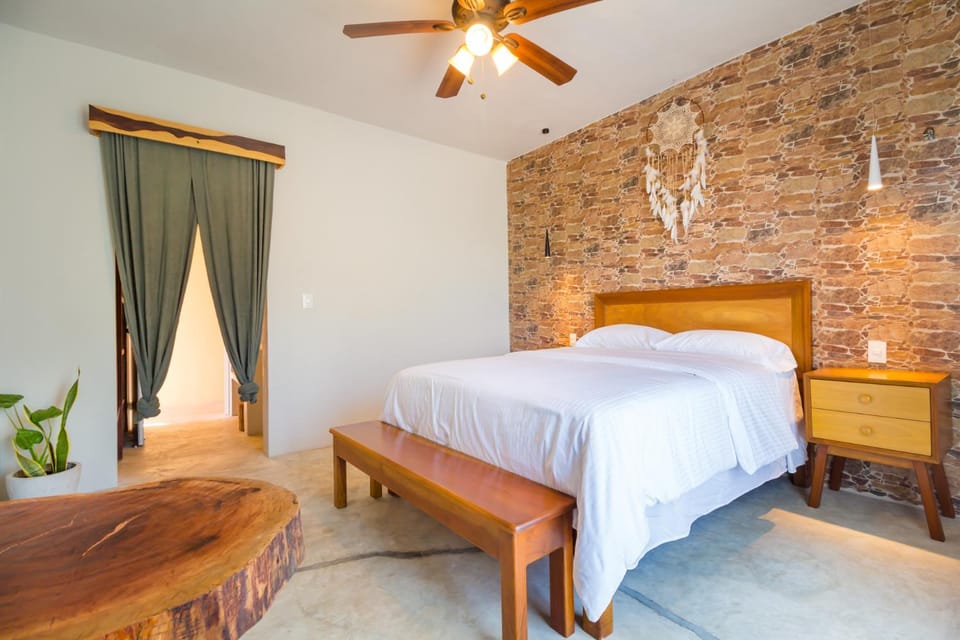 Bed, fireplace