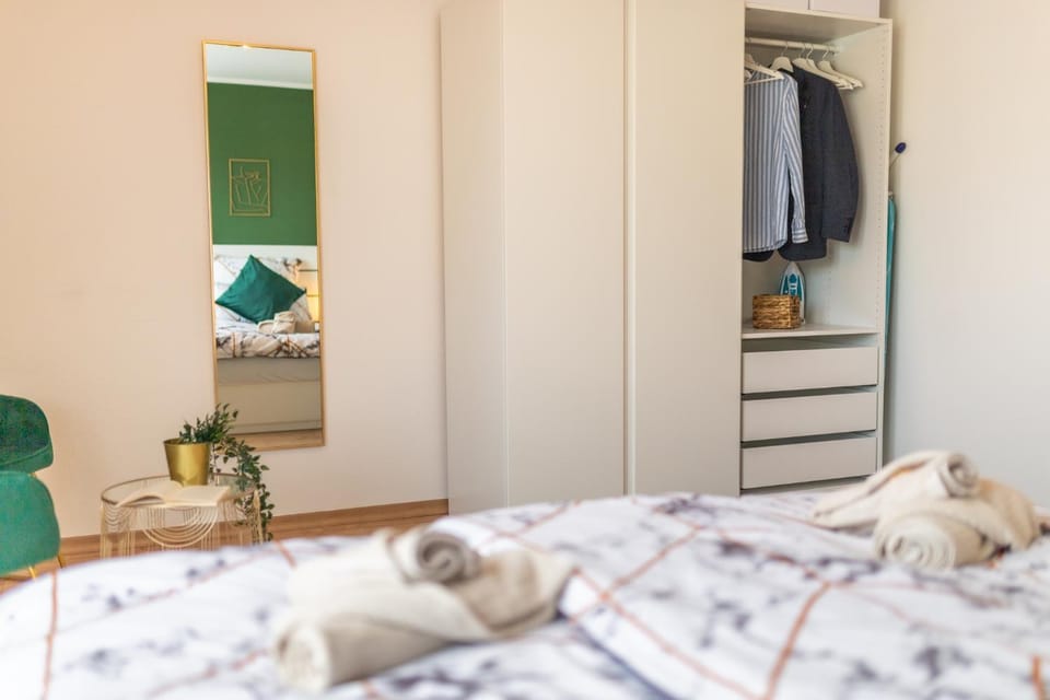 Bed, Photo of the whole room, Bedroom, furniture, towels, wardrobe