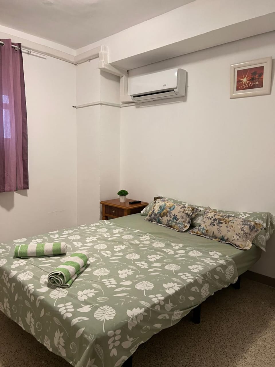 Bed, Photo of the whole room, Bedroom, towels, air conditioner